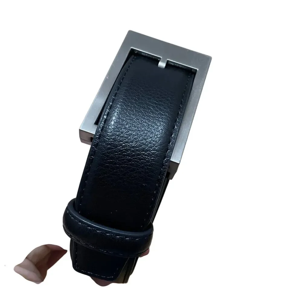 Mens Black Leather Ratchet Belt‎ Brushed Silver Rectangular Buckle 50in L 1in W